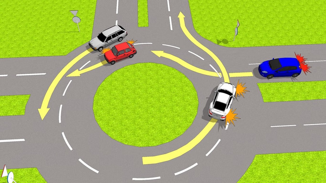 Test of traffic rules at a roundabout - who yields to whom